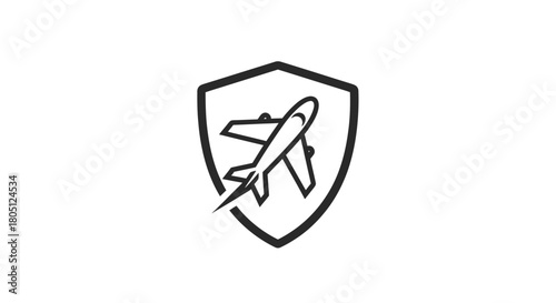 A minimalist black and white icon depicting an airplane inside a shield, symbolizing travel safety and security.