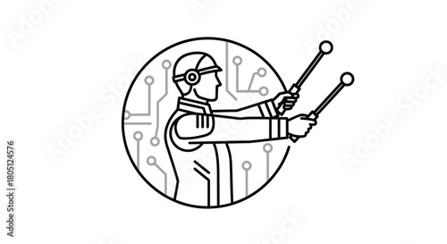 Illustration of a person wearing VR headset and holding drumsticks in front of a circuit board.