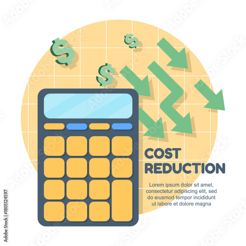 Calculator and decreasing arrow line, cost reduction idea, falling dollar sign, business loss and economic decline, financial crisis, bankruptcy symbol, modern vector banner.