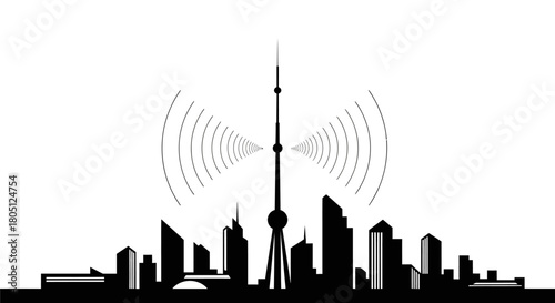 Black and white silhouette of a city skyline with a tall communication tower emitting radio waves.