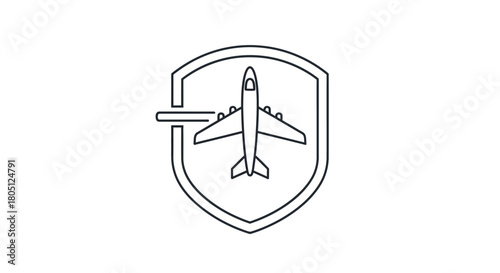 Icon of an airplane inside a shield, representing travel insurance or safety.