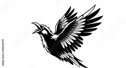A black and white illustration of a cawing crow or raven in flight with its wings spread wide.
