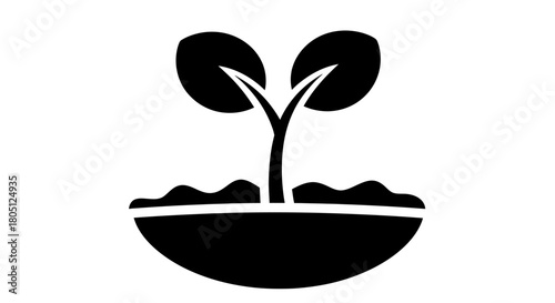 A black and white silhouette icon depicting a small plant sprout with two leaves emerging from a mound of soil, symbolizing growth and nature.