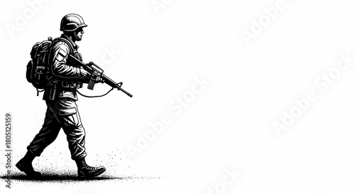 Detailed black and white illustration of a soldier in full combat gear, carrying a rifle and backpack, walking purposefully.