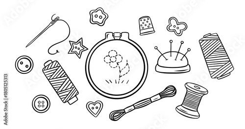 big vector set, needlework, embroidery accessories, threads, buttons, pins, needles, simple black and white icons, doodle and sketch style
