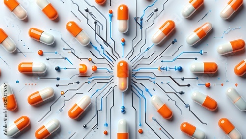 Pills orange white circuit-inspired pattern centers a high-tech medical look.