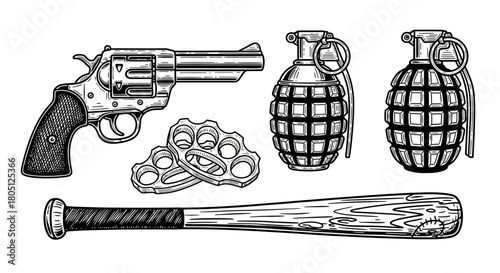Vintage engraved illustration of various dangerous weapons including a revolver, grenades, brass knuckles, and a baseball bat.