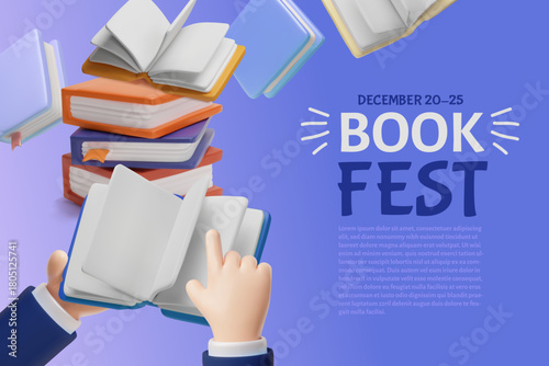 Book fest, December 20-25 3D vector poster promotion banner, book in hand, literature, library or bookstore, education