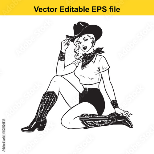 Retro cowgirl in cowboy hat and boots sitting on a, vintage illustration style