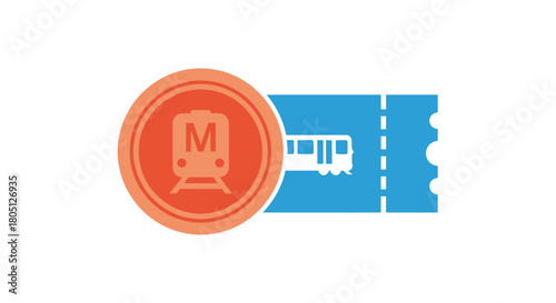 A colorful logo featuring a train and subway ticket design element