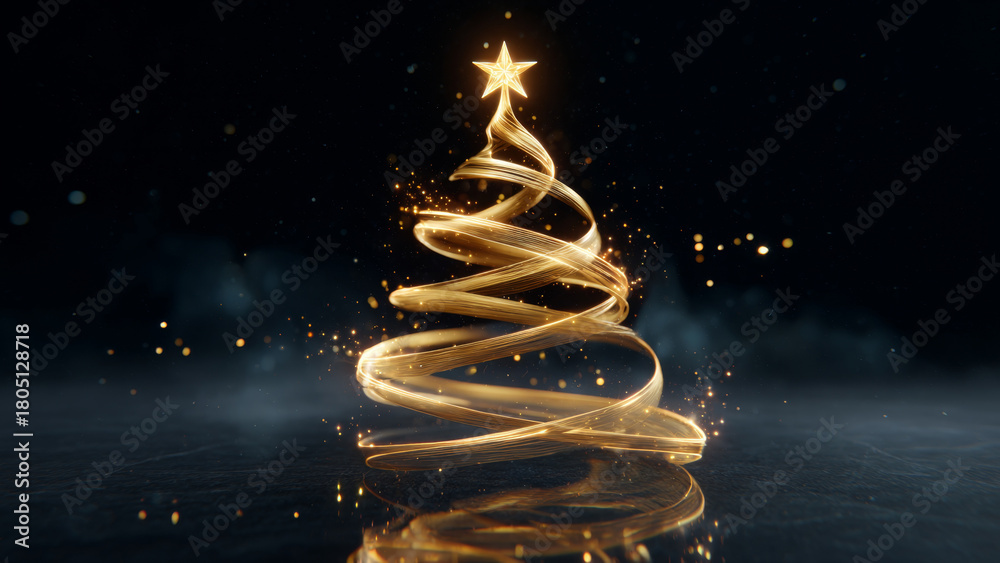 Obraz premium Golden light trail forming a Christmas tree with a glowing star on top, surrounded by sparkling particles. Festive holiday season decoration concept.