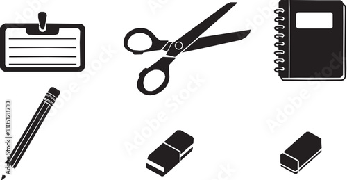 Essential school supplies icons set in simple black silhouette design. 
