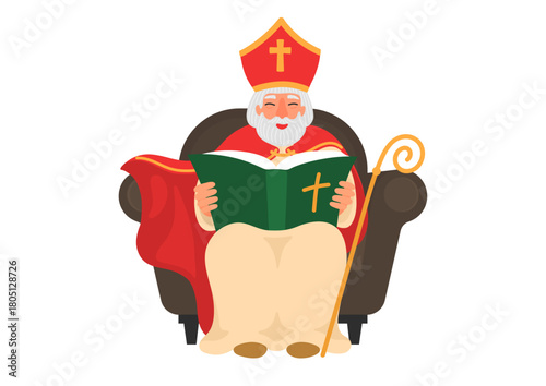 Saint Nicholas reads book sitting in armchair.