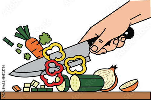 Hand chopping vegetables on a cutting board with a knife vector illustration