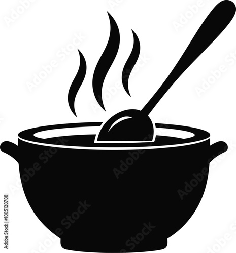 Silhouette of steaming soup in a bowl with a spoon on white background vector illustration