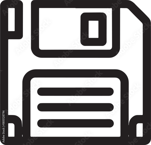 Black outline icon of a floppy disk for data storage on white background diskette