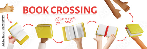 Book crossing 3D vector banner design, give a book get a book, books exchange, literature in hands, library or bookstore
