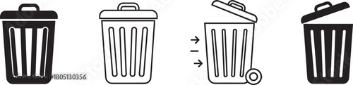 Trash bin icon set, waste disposal symbols, garbage container graphics, black silhouette bins, recycling design elements, sanitation vector illustrations