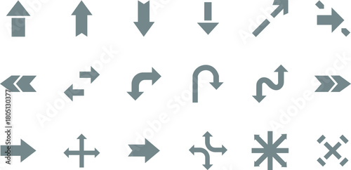 Collection of gray arrow icons pointing in various directions isolated on for navigation and user interface design