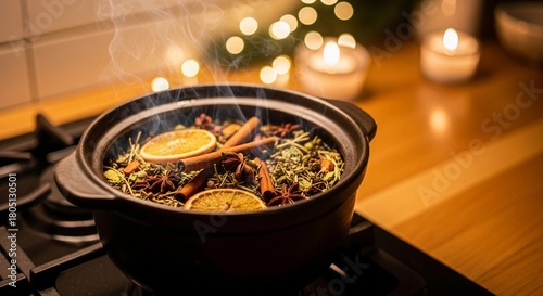 A simmer pot filled with citrus slices, spices, and herbs on a stovetop. Steam rises, creating a cozy atmosphere in a warm kitchen setting.