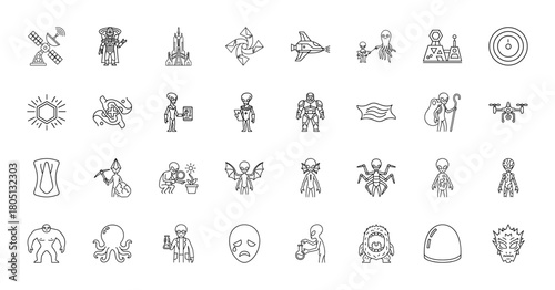 Science fiction line icon set. Vector pictograms of aliens, spaceships, robots, monsters, extraterrestrial structures, and futuristic technology, thin linear illustration.