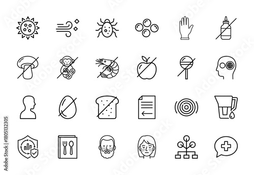 Allergy and intolerance line icon set. Vector pictograms of pollen, wind, insect, peanut, shrimp, egg, bread, rash, and medical symptoms, thin linear illustration.