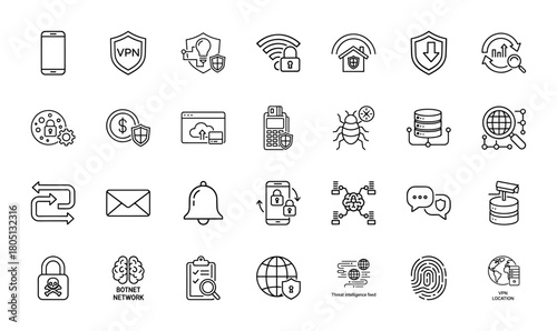 Cybersecurity line icon set. Vector pictograms of smartphone, VPN, shield, Wi-Fi, cloud, bug, database, email, padlock, fingerprint, and global network, thin linear illustration.
