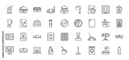 Home appliances and smart devices icon set. Vector pictograms of kitchenware, household tools, safety items, thin linear illustration.