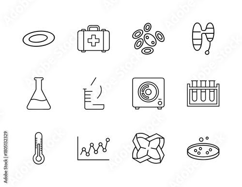 Medical & science line icon set. Vector pictograms of petri dish, medical bag, blood cells, stethoscope, lab glassware, microscope, thermometer, and graph.