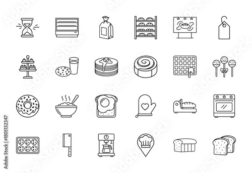 Bakery and cooking line icon set. Vector pictograms of hourglass, flour bag, bread rack, pancakes, donut, oven, cleaver, and sliced bread, thin linear illustration.