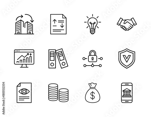 Business and finance line icon set. Vector pictograms of buildings, documents, lightbulb, handshake, monitor, binders, padlock, shield, coins, money bag, and smartphone, thin linear illustration.