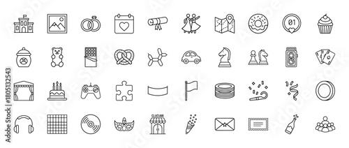 Celebration and leisure activity line icon set. Vector pictograms of cake, rings, champagne, dancers, controller, and headphones, thin linear illustration.