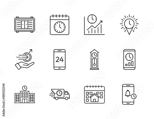 Digital time and schedule line icon set. Vector pictograms of clocks, calendars, smartphones, delivery, business growth, and real estate, thin linear illustration.