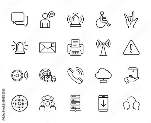 Universal service and technology line icon set. Vector pictograms of chat, user, bell, accessibility, mail, printer, antenna, delivery, cloud, server, and smartphone, thin linear illustration.