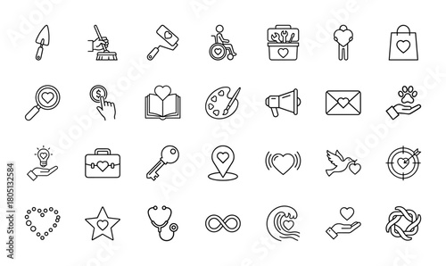 Social responsibility and care line icon set. Vector pictograms of wheelchair, toolbox, shopping bag, donation, book, megaphone, pet, idea, key, and stethoscope, thin linear illustration.