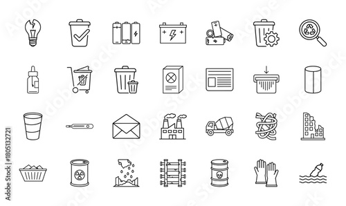 Environmental waste management line icon set. Vector pictograms of trash cans, batteries, recycling, industrial factory, hazardous waste, and pollution, thin linear illustration.
