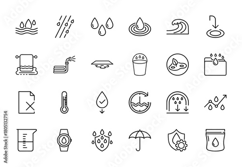 Water and fluid line icon set. Vector pictograms of drops, rain, waves, hydration, waterproofing, hose, umbrella, thermometer, and measurement, thin linear illustration.