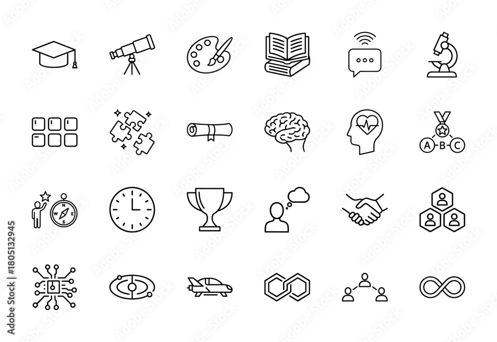 Fototapeta premium Knowledge and discovery line icon set. Vector pictograms of graduation cap, telescope, books, brain, handshake, microchip, and infinity, thin linear illustration.