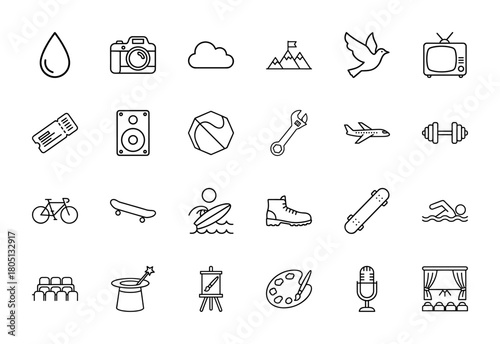 Lifestyle and hobby line icon set. Vector pictograms of camera, mountain, airplane, dumbbell, bicycle, skateboard, surfer, easel, and microphone, thin linear illustration.