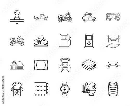 Outdoor travel and camping line icon set. Vector pictograms of vehicles, camping equipment, travel essentials, and recreational gear, thin linear illustration.