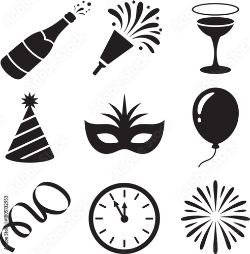 Black celebration icons on white background party new year
