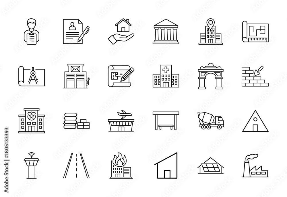 Fototapeta premium Construction and real estate line icon set. Vector pictograms of architect, blueprint, house, building, police station, factory, road, and airport, thin linear illustration.