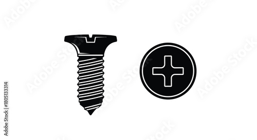 Black and white illustration depicting a screw and a crosshead screwdriver bit