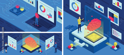 Data science abstract isometric set of illustrations with people and dashboards.