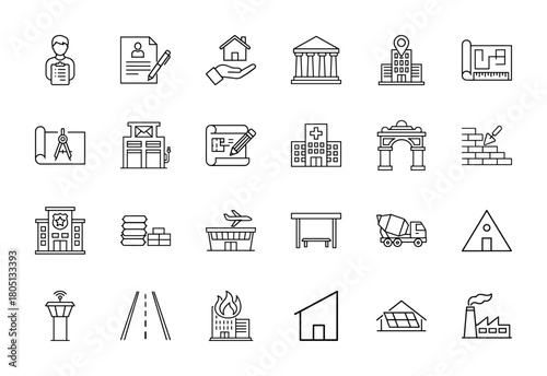 Construction and real estate line icon set. Vector pictograms of architect, blueprint, house, building, police station, factory, road, and airport, thin linear illustration.