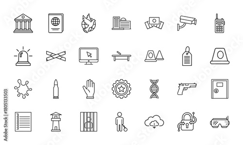 Law and justice line icon set. Vector pictograms of courthouse, passport, CCTV camera, walkie-talkie, siren, bullet, gun, prison, and padlock, thin linear illustration.