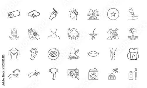 Beauty and personal care line icon set. Vector pictograms of skin, hair, body parts, cosmetic products, and spa treatments, thin linear illustration.