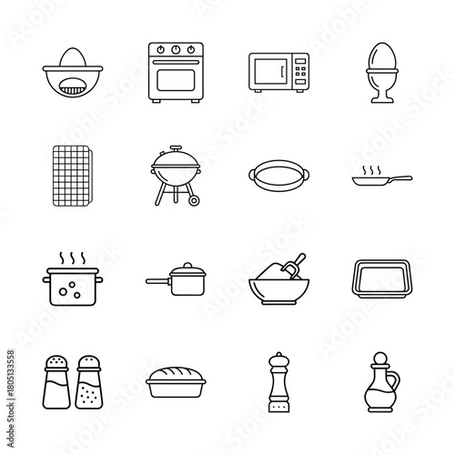 Cooking and kitchenware line icon set. Vector pictograms of oven, microwave, BBQ grill, pots, pans, shakers, oil cruet, egg items, and baking dishes, thin linear illustration.