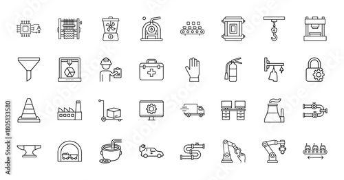 Manufacturing and engineering line icon set. Vector pictograms of microchip, 3D printer, conveyor belt, robotic arm, delivery truck, workstation, anvil, thin linear illustration.