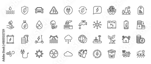 Ecology and energy line icon set. Vector pictograms of water, leaf, electric car, plug, globe, sun, factory, battery, wind, plant, house, recycle, H2, thin illustration.